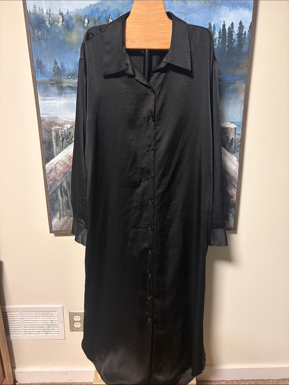 Women's satin Black Button-Down Shirt Dress